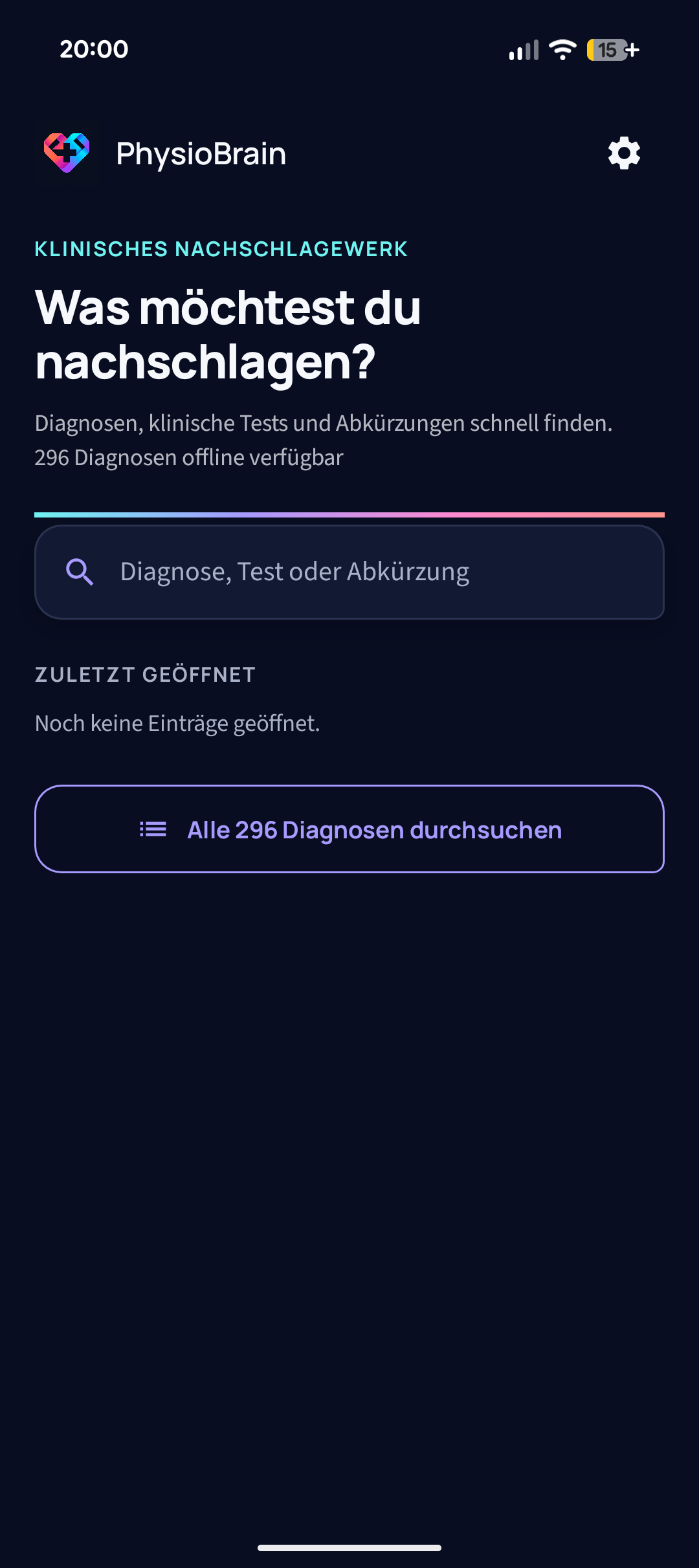 PhysioBrain Startseite mit Diagnose-Suche